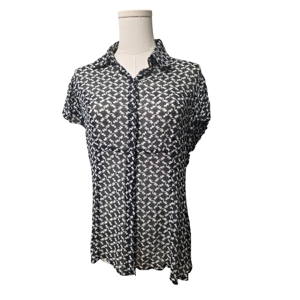 Y2K INC Blouse Womens 12 Black White 100% Silk Sheer Abstract Swan Academia EUC